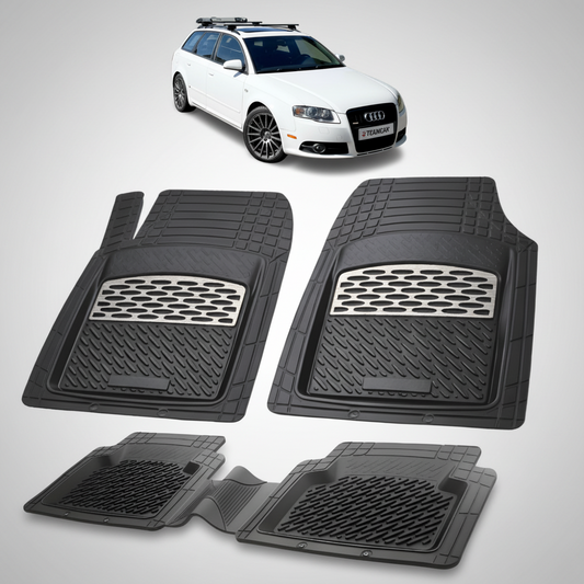 set de covorase din cauciuc negre cu accente gri cu un audi a4 b7 avant break alb in fundal