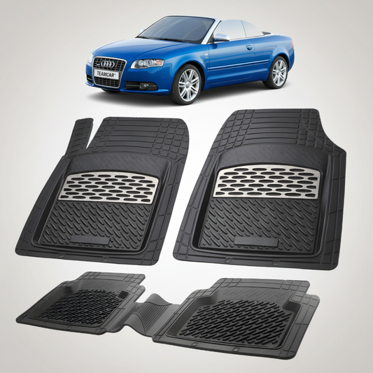 set de covorase din cauciuc negre cu accente gri cu un audi a4 b7 cabriolet albastru in fundal