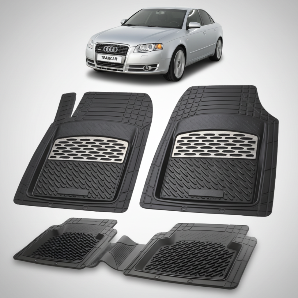 set de covorase din cauciuc negre cu accente gri cu un audi a4 b7 sedan gri in fundal