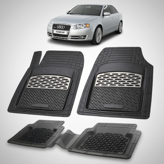 set de covorase din cauciuc negre cu accente gri cu un audi a4 b7 sedan gri in fundal