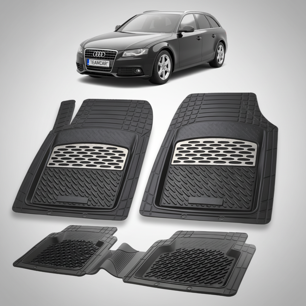 set de covorase din cauciuc negre cu accente gri cu un audi a4 b8 avant break gri inchis in fundal