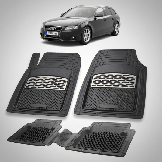 set de covorase din cauciuc negre cu accente gri cu un audi a4 b8 avant break gri inchis in fundal