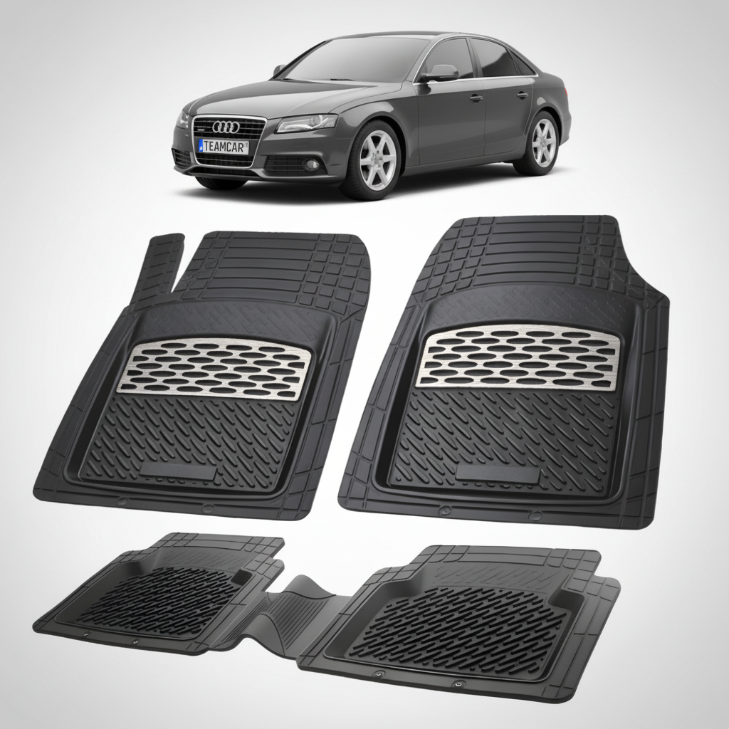 set de covorase din cauciuc negre cu accente gri cu un audi a4 b8 sedan gri inchis in fundal