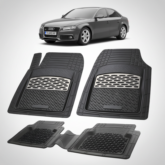 set de covorase din cauciuc negre cu accente gri cu un audi a4 b8 sedan gri inchis in fundal