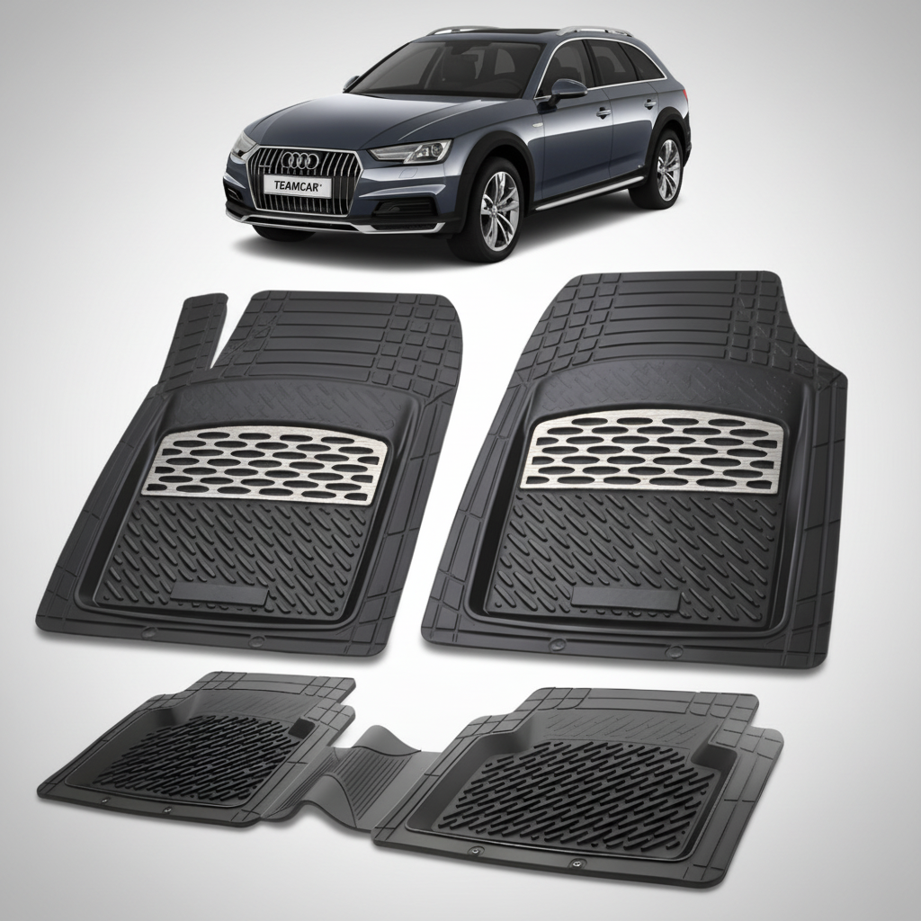 set de covorase din cauciuc negre cu accente gri cu un audi a4 b9 allroad negru in fundal