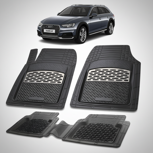 set de covorase din cauciuc negre cu accente gri cu un audi a4 b9 allroad negru in fundal