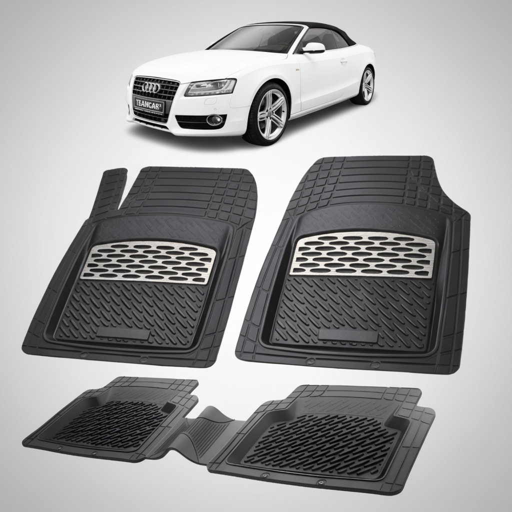 set de covorase din cauciuc negre cu accente gri cu un audi a5 8t cabriolet alb in fundal