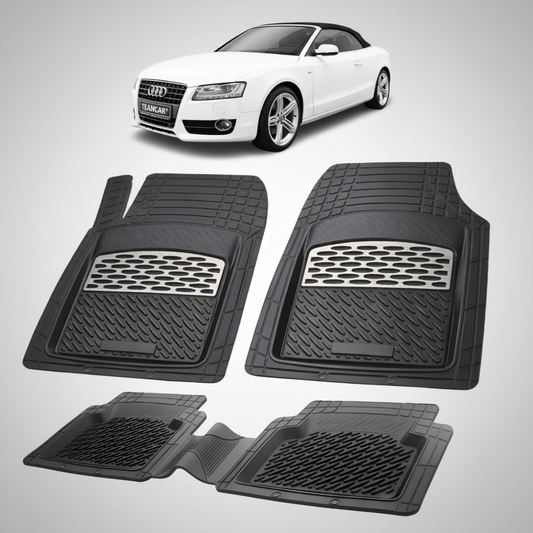 set de covorase din cauciuc negre cu accente gri cu un audi a5 8t cabriolet alb in fundal