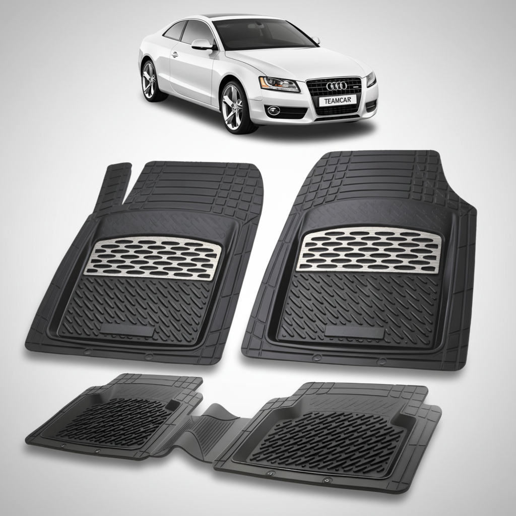set de covorase din cauciuc negre cu accente gri cu un audi a5 8t coupe argintiu in fundal