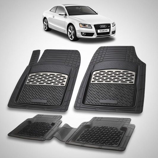 set de covorase din cauciuc negre cu accente gri cu un audi a5 8t coupe argintiu in fundal