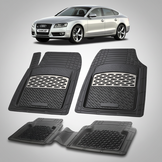 set de covorase din cauciuc negre cu accente gri cu un audi a5 8t sportback gri in fundal