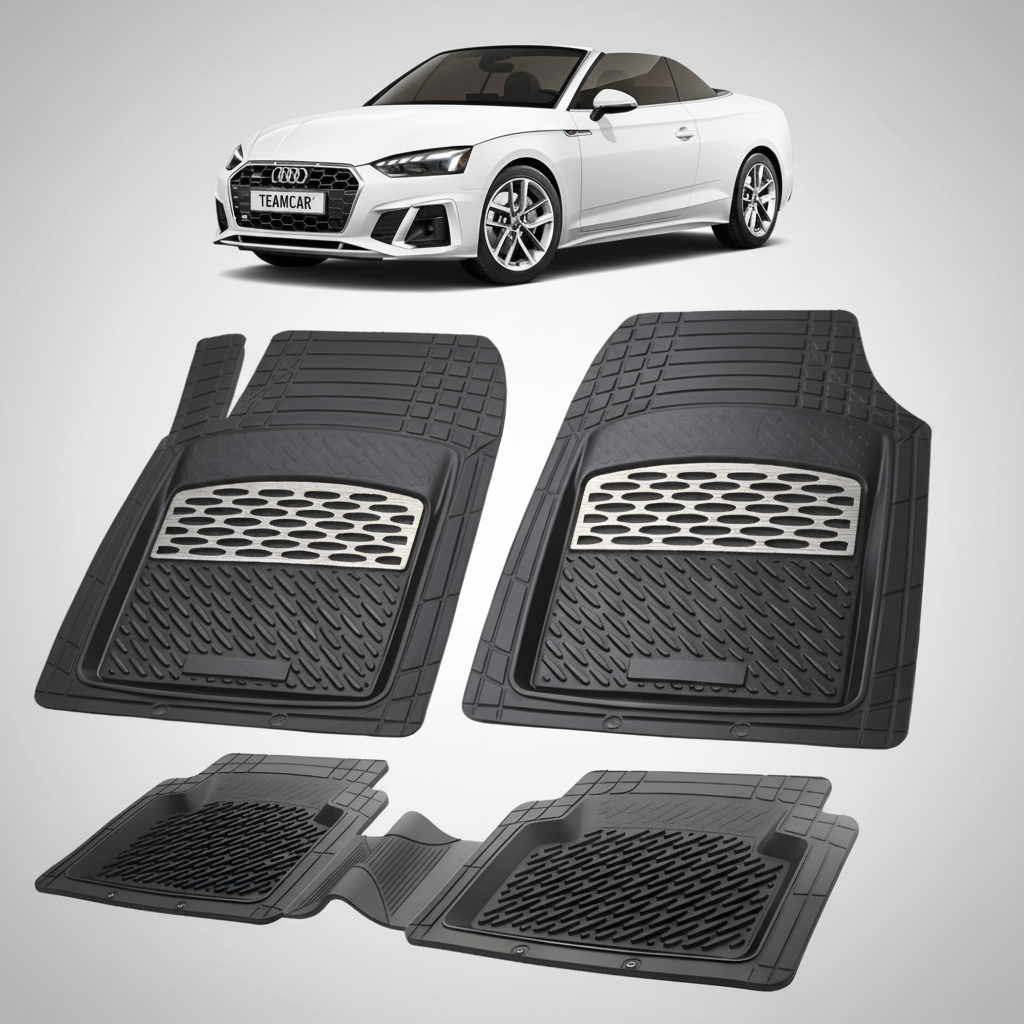 set de covorase din cauciuc negre cu accente gri cu un audi a5 f5 cabriolet alb in fundal