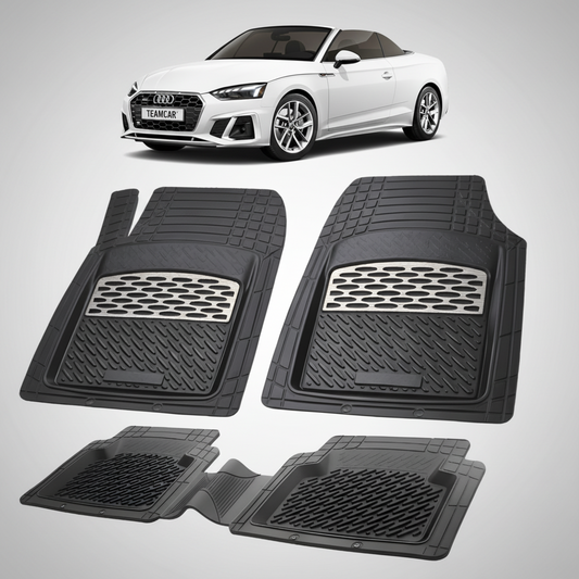 set de covorase din cauciuc negre cu accente gri cu un audi a5 f5 cabriolet alb in fundal