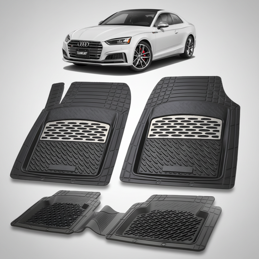set de covorase din cauciuc negre cu accente gri cu un audi a5 f5 coupe alb in fundal