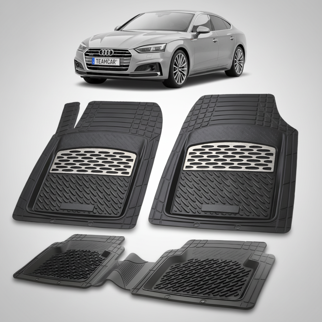 set de covorase din cauciuc negre cu accente gri cu un audi a5 f5 sportback gri in fundal