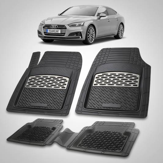 set de covorase din cauciuc negre cu accente gri cu un audi a5 f5 sportback gri in fundal