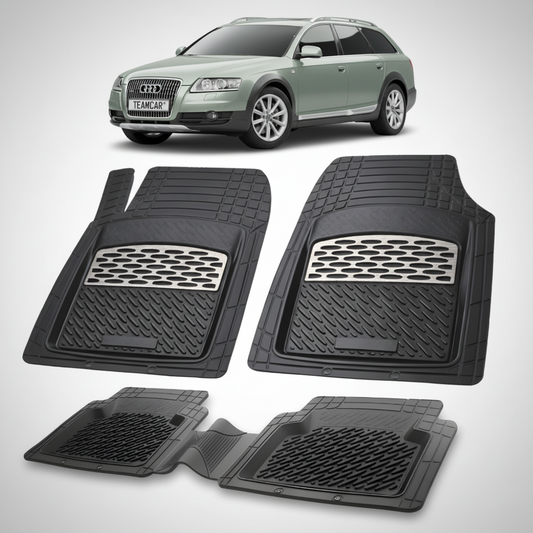 set de covorase din cauciuc negre cu accente gri cu un audi A6 C6 allroad gri in fundal