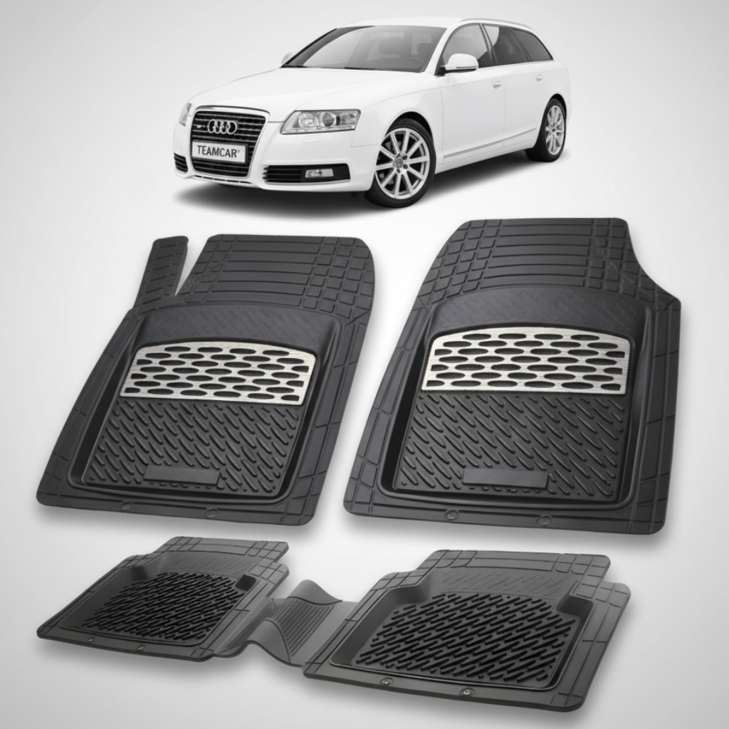 set de covorase din cauciuc negre cu accente gri cu un audi a6 c6 avant alb in fundal