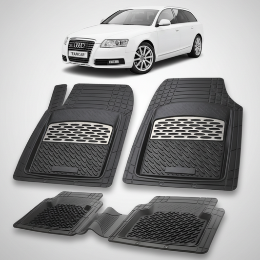 set de covorase din cauciuc negre cu accente gri cu un audi a6 c6 avant alb in fundal