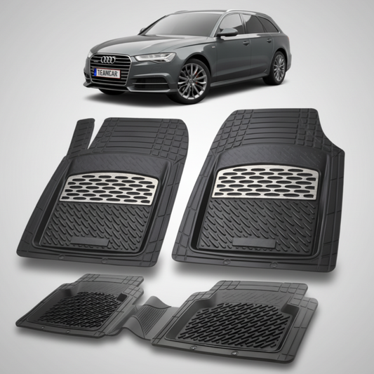 set de covorase din cauciuc negre cu accente gri cu un audi a6 c7 avant break negru in fundal