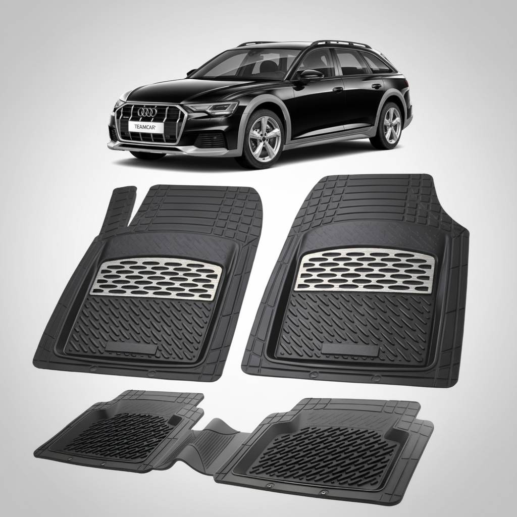 set de covorase din cauciuc negre cu accente gri cu un audi a6 c8 allroad negru in fundal