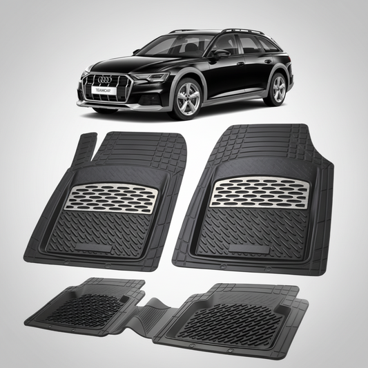 set de covorase din cauciuc negre cu accente gri cu un audi a6 c8 allroad negru in fundal