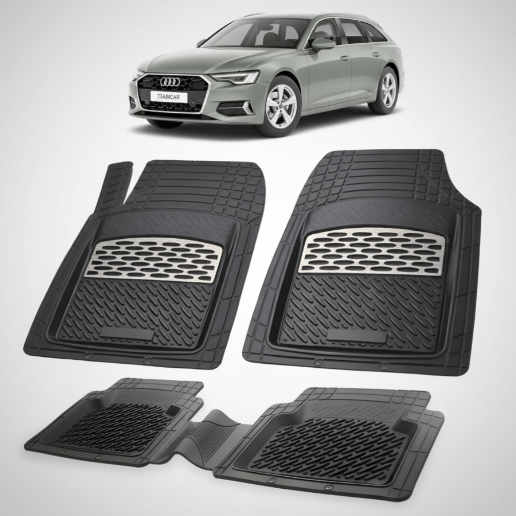 set de covorase din cauciuc negre cu accente gri cu un audi a6 c8 avant break gri in fundal