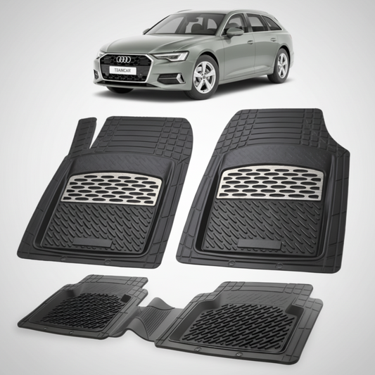 set de covorase din cauciuc negre cu accente gri cu un audi a6 c8 avant break gri in fundal