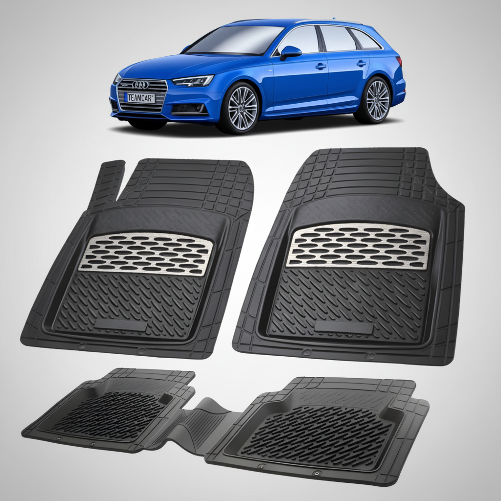 set de covorase din cauciuc negre cu accente gri cu un audi a4 b9 avant break albastru in fundal