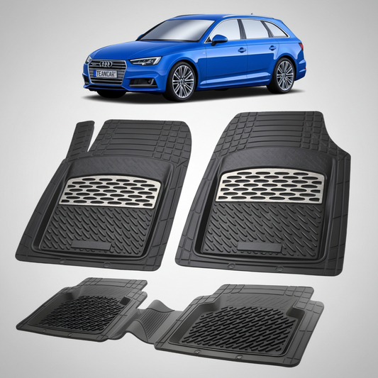 set de covorase din cauciuc negre cu accente gri cu un audi a4 b9 avant break albastru in fundal