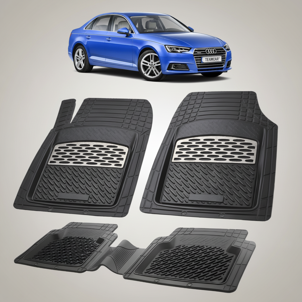 set de covorase din cauciuc negre cu accente gri cu un audi a4 b9 sedan albastru in fundal