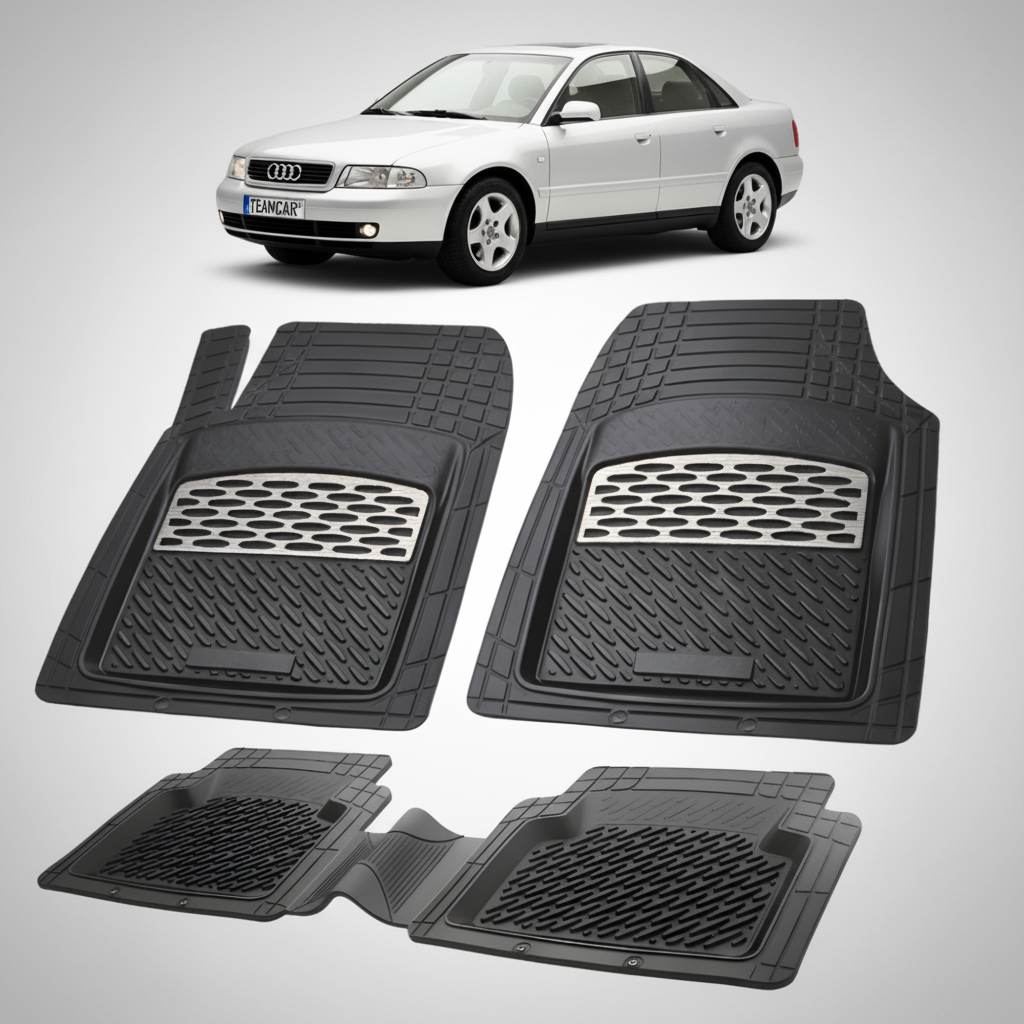 set de covorase din cauciuc negre cu accente gri cu un audi b5 a4 8d gri in fundal