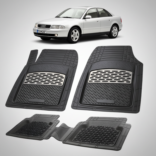 set de covorase din cauciuc negre cu accente gri cu un audi b5 a4 8d gri in fundal