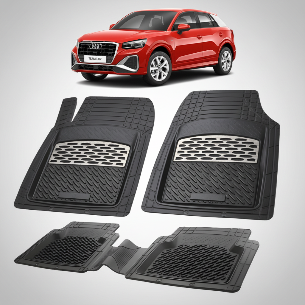 set de covorase din cauciuc negre cu accente gri cu un audi Q2 GA suv rosu in fundal