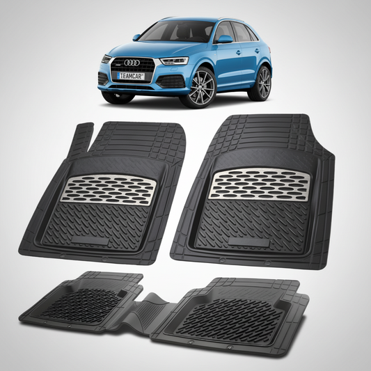 set de covorase din cauciuc negre cu accente gri cu un audi q3 8u suv albastru in fundal