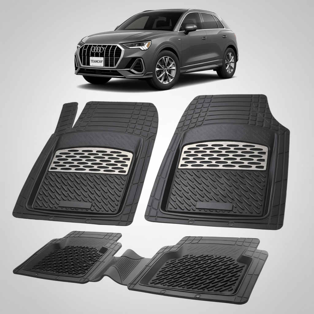 set de covorase din cauciuc negre cu accente gri cu un audi q3 f3 suv gri inchis in fundal