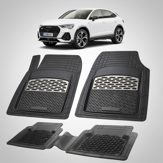 set de covorase din cauciuc negre cu accente gri cu un audi q3 sportback f3 suv coupe alb in fundal