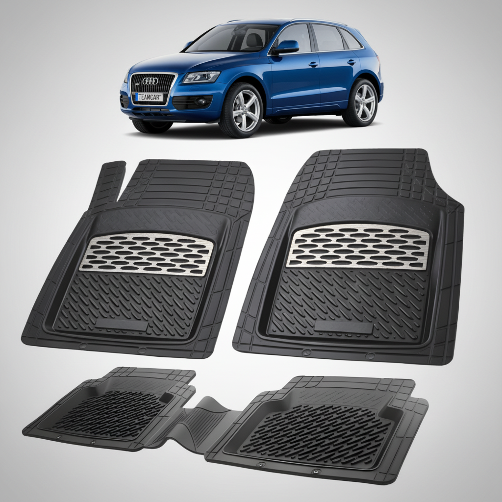 set de covorase din cauciuc negre cu accente gri cu un audi q5 8r suv albastru in fundal