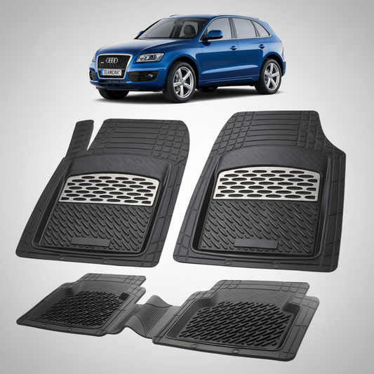 set de covorase din cauciuc negre cu accente gri cu un audi q5 8r suv albastru in fundal