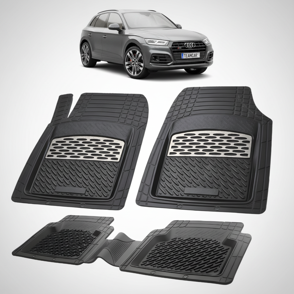set de covorase din cauciuc negre cu accente gri cu un audi q5 fy suv gri inchis in fundal