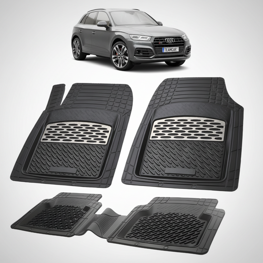 set de covorase din cauciuc negre cu accente gri cu un audi q5 fy suv gri inchis in fundal