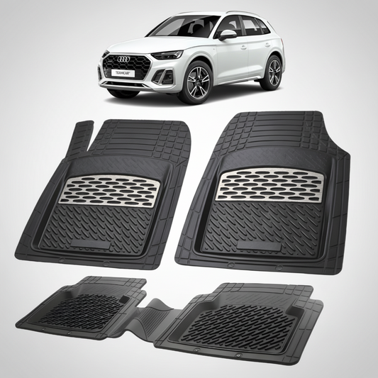 set de covorase din cauciuc negre cu accente gri cu un audi q5 sportback fy suv coupe alb in fundal