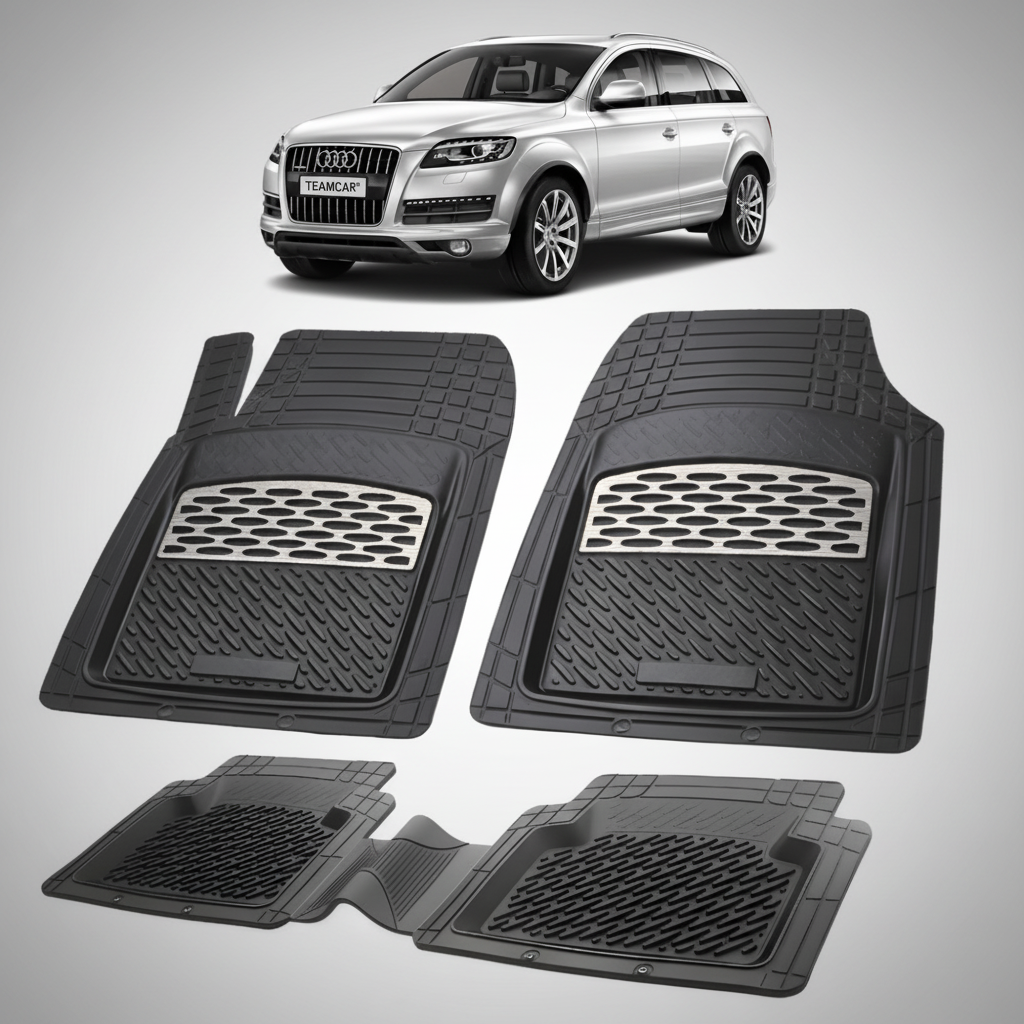set de covorase din cauciuc negre cu accente gri cu un audi q7 4L suv gri  in fundal