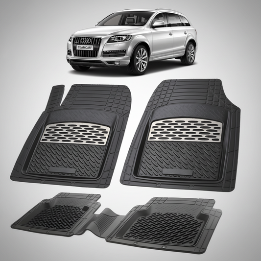set de covorase din cauciuc negre cu accente gri cu un audi q7 4L suv gri  in fundal