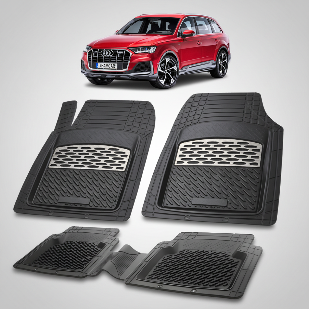 set de covorase din cauciuc negre cu accente gri cu un audi q7 4m suv rosu  in fundal