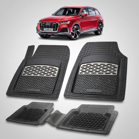 set de covorase din cauciuc negre cu accente gri cu un audi q7 4m suv rosu  in fundal