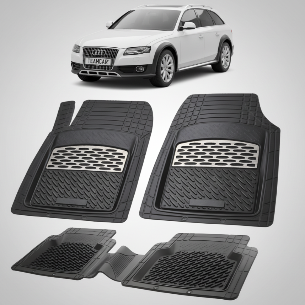 set de covorase din cauciuc negre cu accente gri cu un audi a4 b8 allroad alb in fundal
