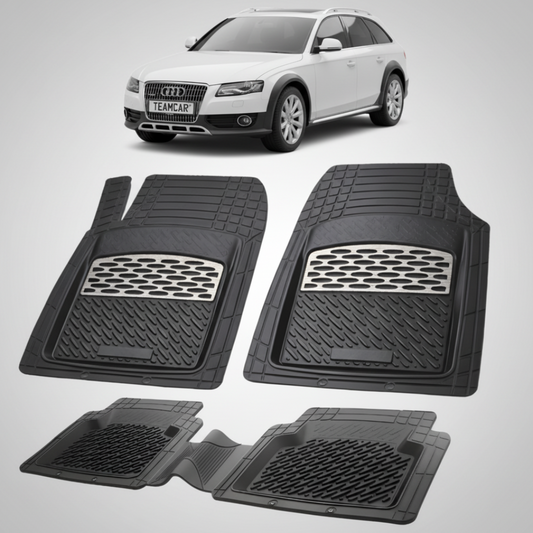 set de covorase din cauciuc negre cu accente gri cu un audi a4 b8 allroad alb in fundal