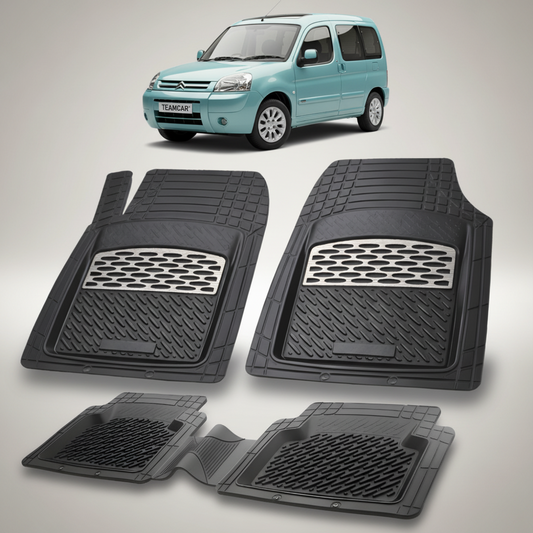 set de covorase din cauciuc negre cu accente gri cu un citroen berlingo generatia i turcoaz in fundal