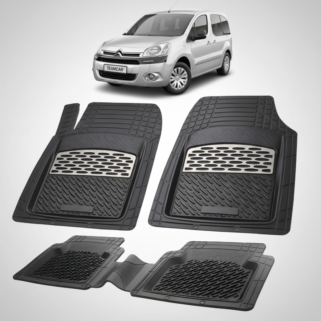 set de covorase din cauciuc negre cu accente gri cu un citroen berlingo generatia ii gri in fundal